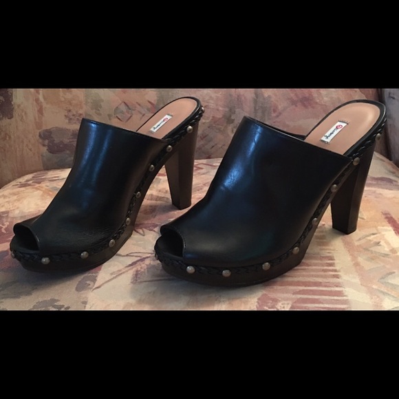 Olsenboye Black Shoes Peep Toe Studs Clogs Mules - Picture 3 of 6